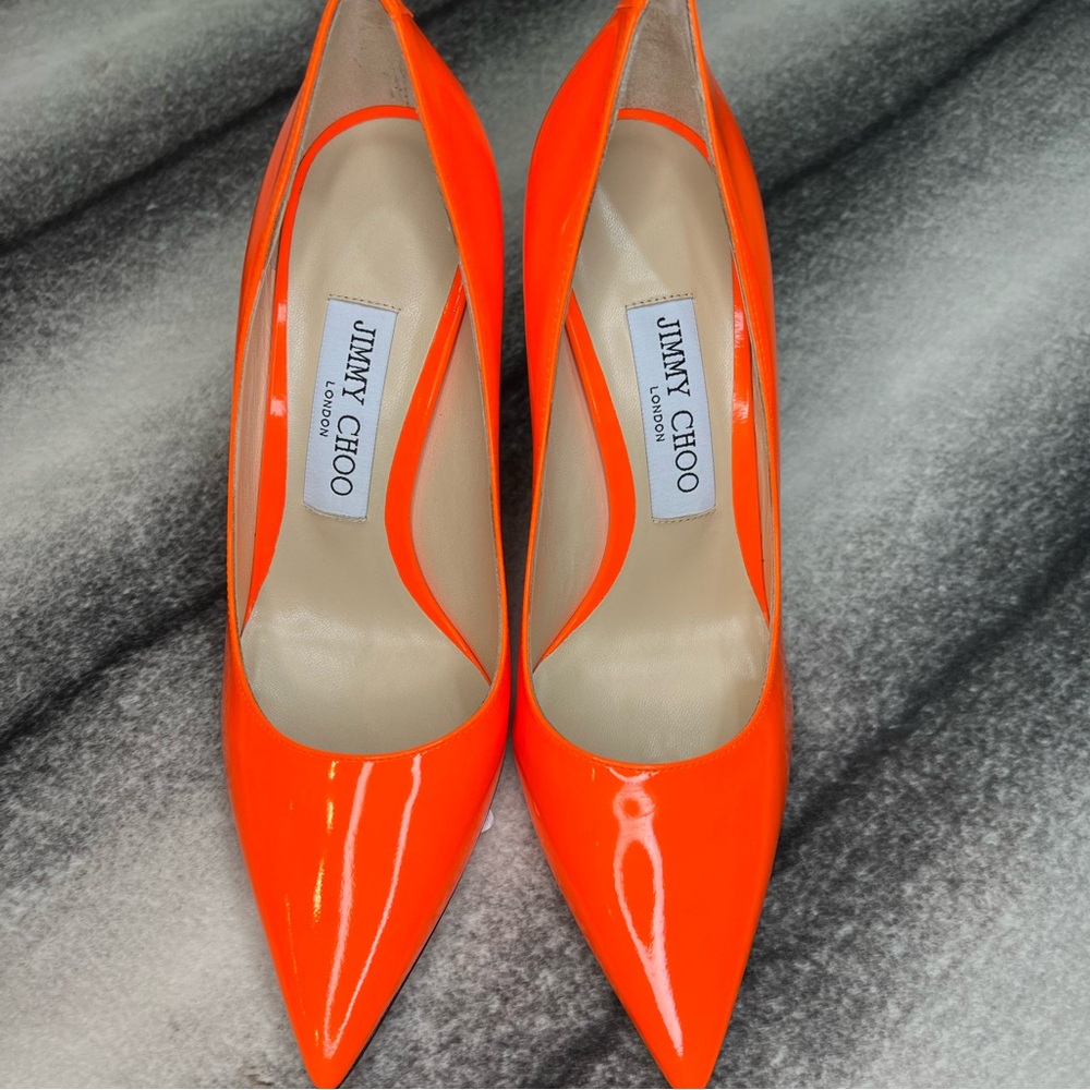 Jimmy Choo Love 100 mm Neon Orange Patent Leather JC Button Heels